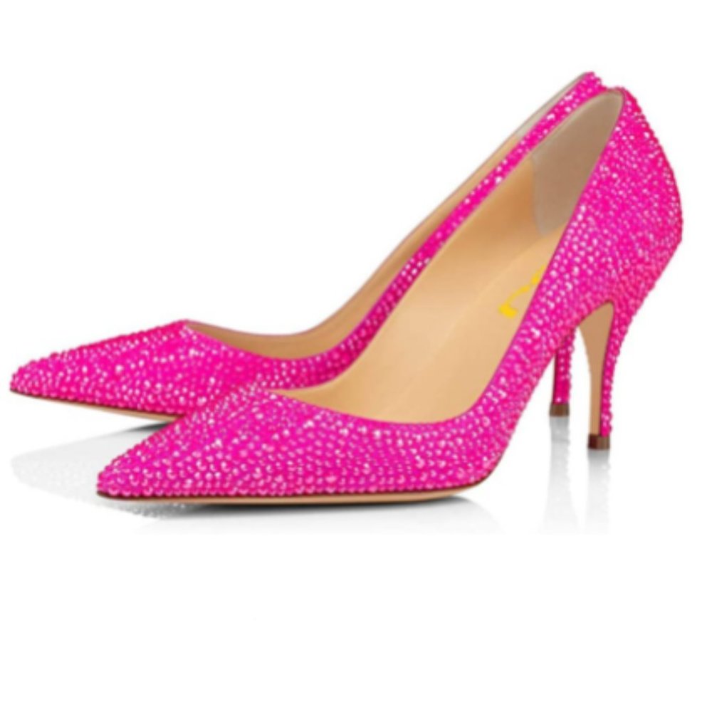 FSJ Pink Claret Strass Classic Mid Heels Pointy Closed Toe Pumps Dress Shoes